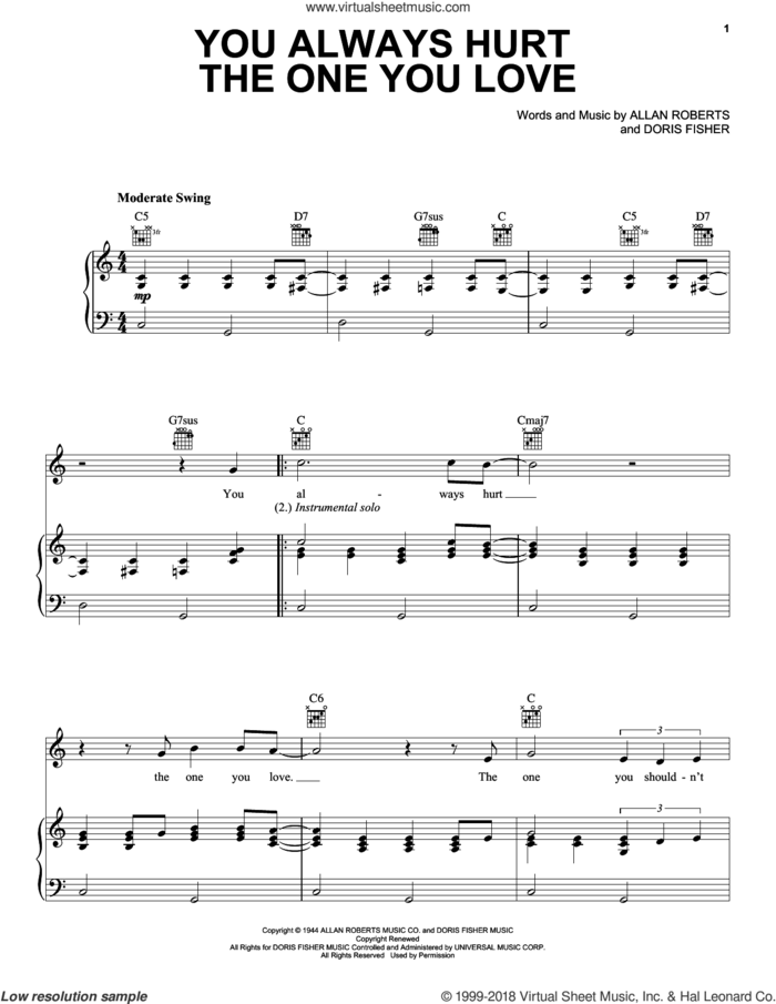 You Always Hurt The One You Love sheet music for voice, piano or guitar by Eric Clapton, Allan Roberts and Doris Fisher, intermediate skill level