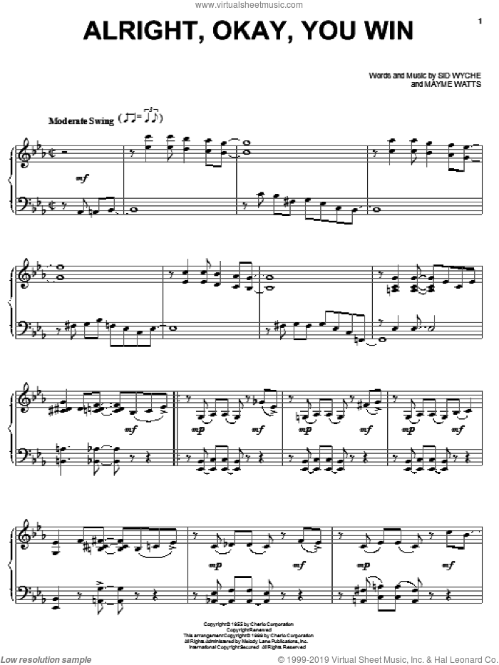 Alright, Okay, You Win, (intermediate) sheet music for piano solo by Peggy Lee, Mayme Watts and Sid Wyche, intermediate skill level