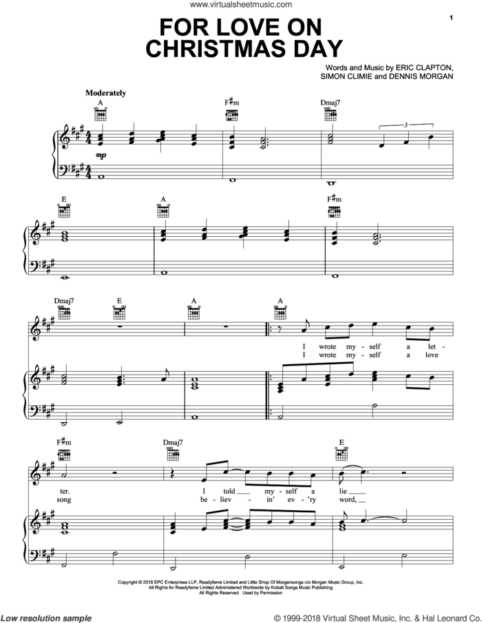 For Love On Christmas Day sheet music for voice, piano or guitar by Eric Clapton, Dennis Morgan and Simon Climie, intermediate skill level