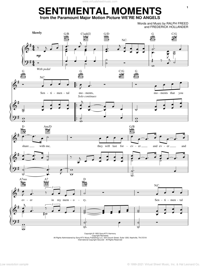 Sentimental Moments sheet music for voice, piano or guitar by Ralph Freed, Eric Clapton and Frederick Hollander, intermediate skill level