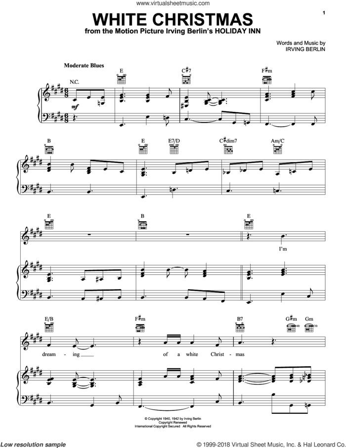 White Christmas sheet music for voice, piano or guitar by Eric Clapton and Irving Berlin, intermediate skill level