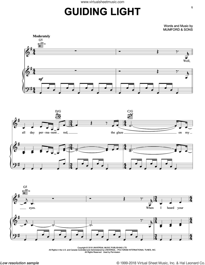Guiding Light sheet music for voice, piano or guitar by Mumford & Sons, intermediate skill level
