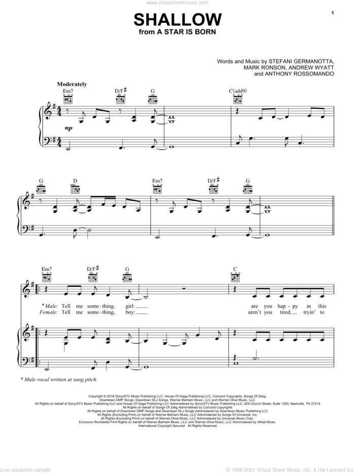Shallow (from A Star Is Born) sheet music for voice, piano or guitar by Lady Gaga, Bradley Cooper, Lady Gaga & Bradley Cooper, Andrew Wyatt, Anthony Rossomando and Mark Ronson, intermediate skill level