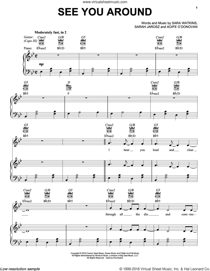 See You Around sheet music for voice, piano or guitar by I'm With Her, Sara Watkins and Sarah Jarosz, intermediate skill level