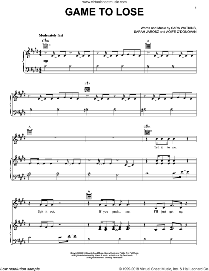 Game To Lose sheet music for voice, piano or guitar by I'm With Her, Sara Watkins and Sarah Jarosz, intermediate skill level