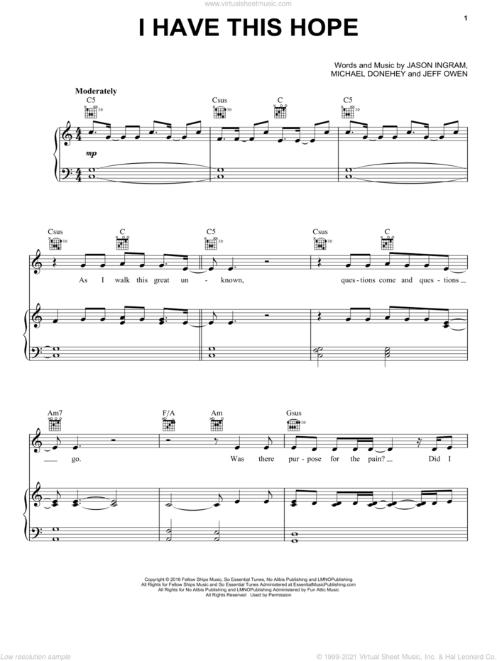 I Have This Hope sheet music for voice, piano or guitar by Tenth Avenue North, Jason Ingram, Jeff Owen and Michael Donehey, intermediate skill level