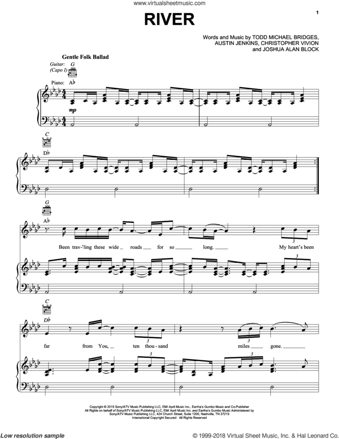 River sheet music for voice, piano or guitar by Leon Bridges, Austin Jenkins, Christopher Vivion, Joshua Alan Block and Todd Michael Bridges, intermediate skill level