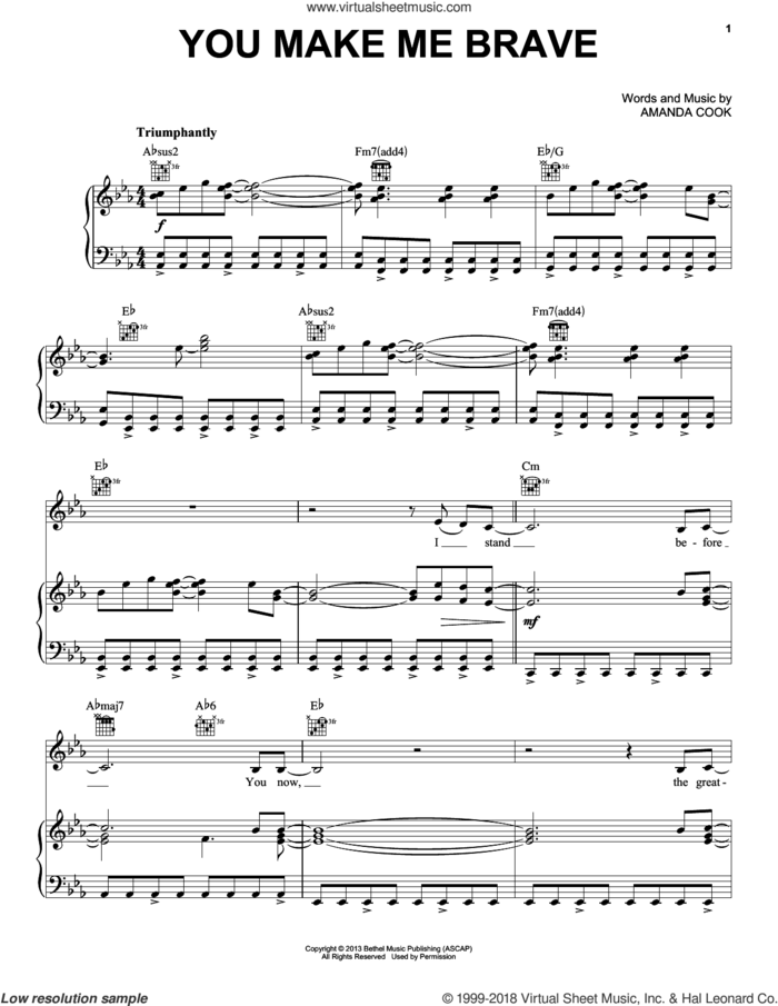 You Make Me Brave sheet music for voice, piano or guitar by Bethel Music and Amanda Cook, intermediate skill level