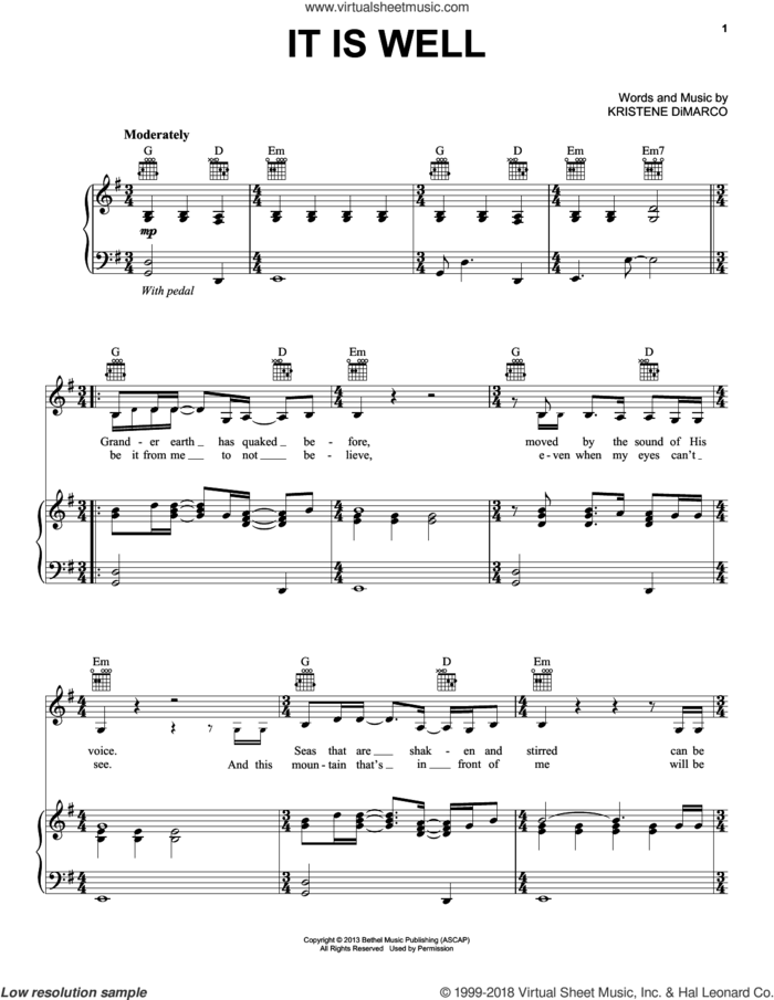 It Is Well sheet music for voice, piano or guitar by Bethel Music and Kristene DiMarco, intermediate skill level