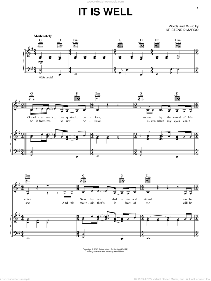 It Is Well sheet music for voice, piano or guitar by Bethel Music and Kristene DiMarco, intermediate skill level