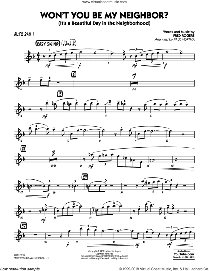Won't You Be My Neighbor? sheet music for jazz band (alto sax 1) by Fred Rogers and Paul Murtha, intermediate skill level