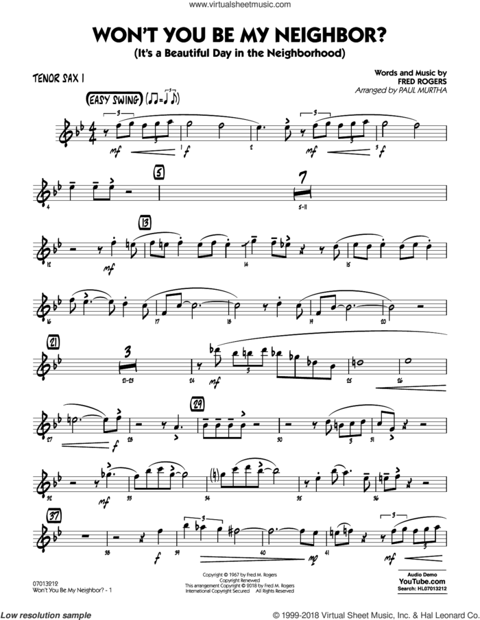 Won't You Be My Neighbor? sheet music for jazz band (tenor sax 1) by Fred Rogers and Paul Murtha, intermediate skill level