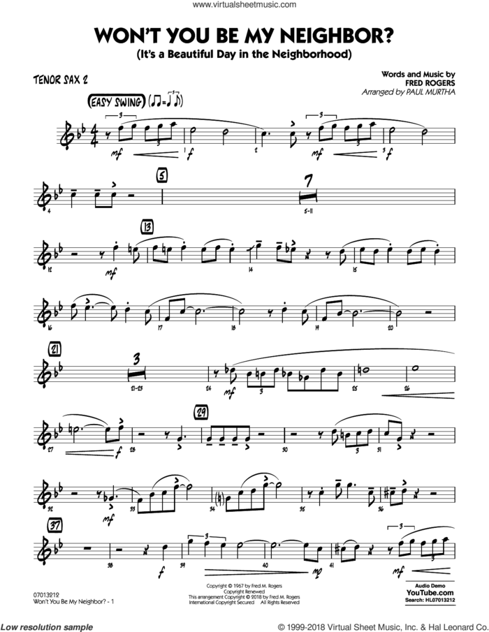 Won't You Be My Neighbor? sheet music for jazz band (tenor sax 2) by Fred Rogers and Paul Murtha, intermediate skill level
