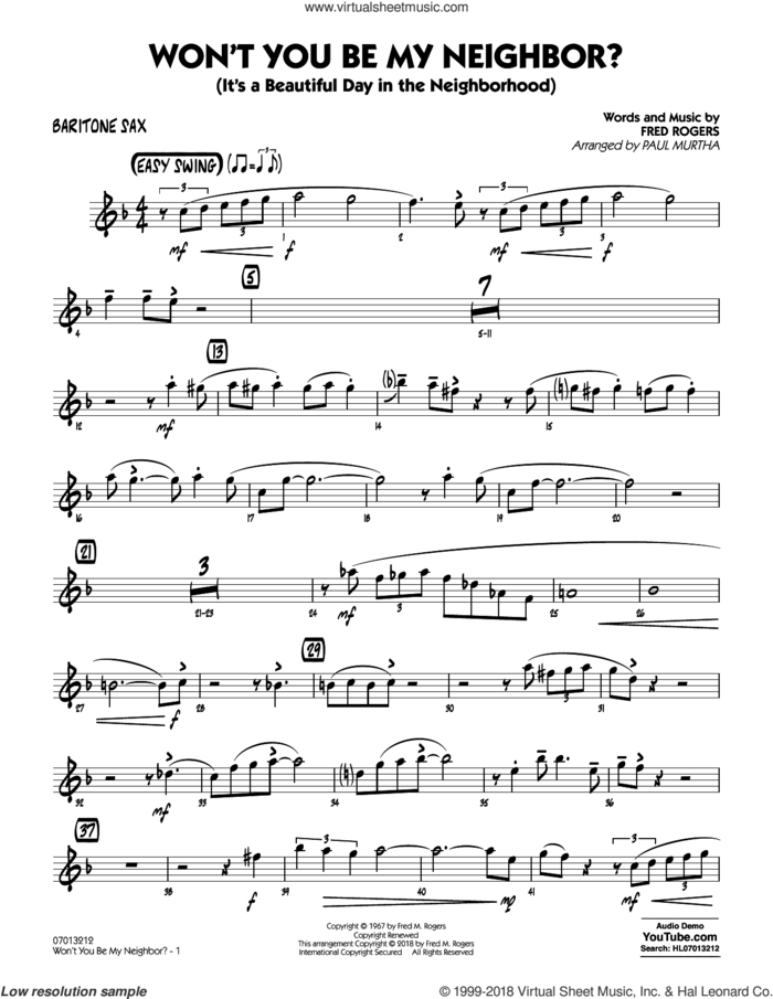 Won't You Be My Neighbor? sheet music for jazz band (baritone sax) by Fred Rogers and Paul Murtha, intermediate skill level