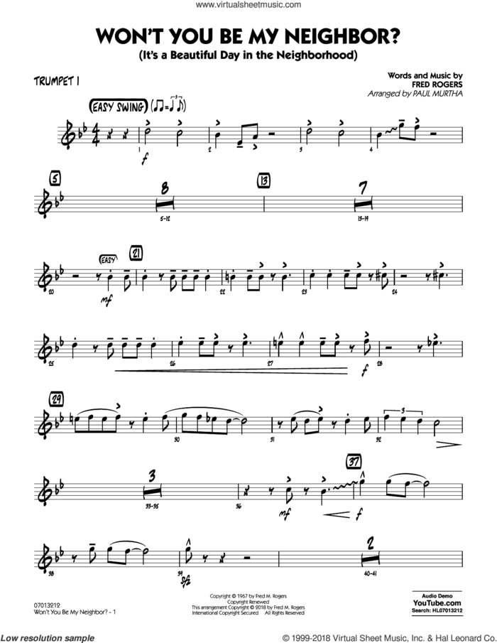 Won't You Be My Neighbor? sheet music for jazz band (trumpet 1) by Fred Rogers and Paul Murtha, intermediate skill level