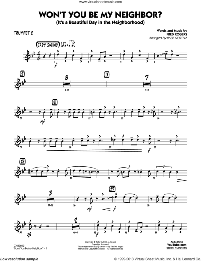 Won't You Be My Neighbor? sheet music for jazz band (trumpet 2) by Fred Rogers and Paul Murtha, intermediate skill level