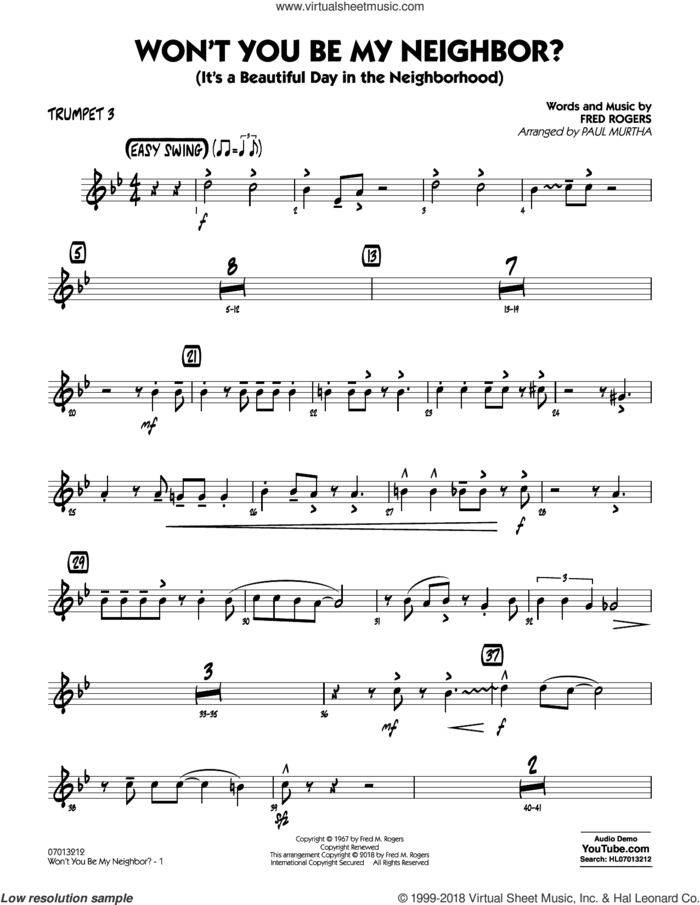 Won't You Be My Neighbor? sheet music for jazz band (trumpet 3) by Fred Rogers and Paul Murtha, intermediate skill level