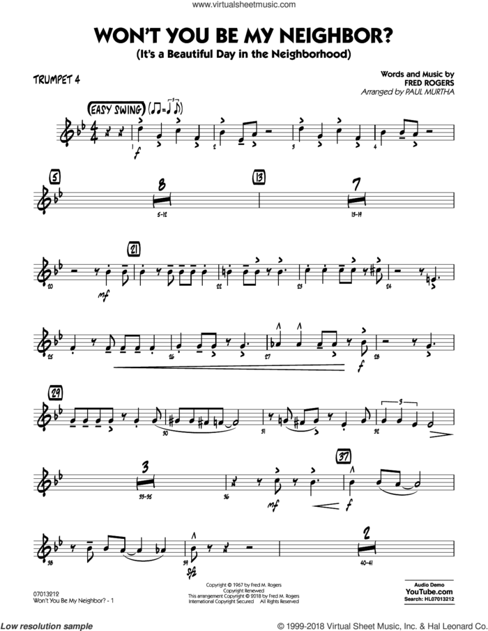 Won't You Be My Neighbor? sheet music for jazz band (trumpet 4) by Fred Rogers and Paul Murtha, intermediate skill level