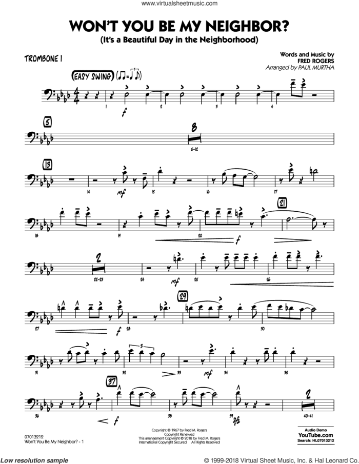 Won't You Be My Neighbor? sheet music for jazz band (trombone 1) by Fred Rogers and Paul Murtha, intermediate skill level