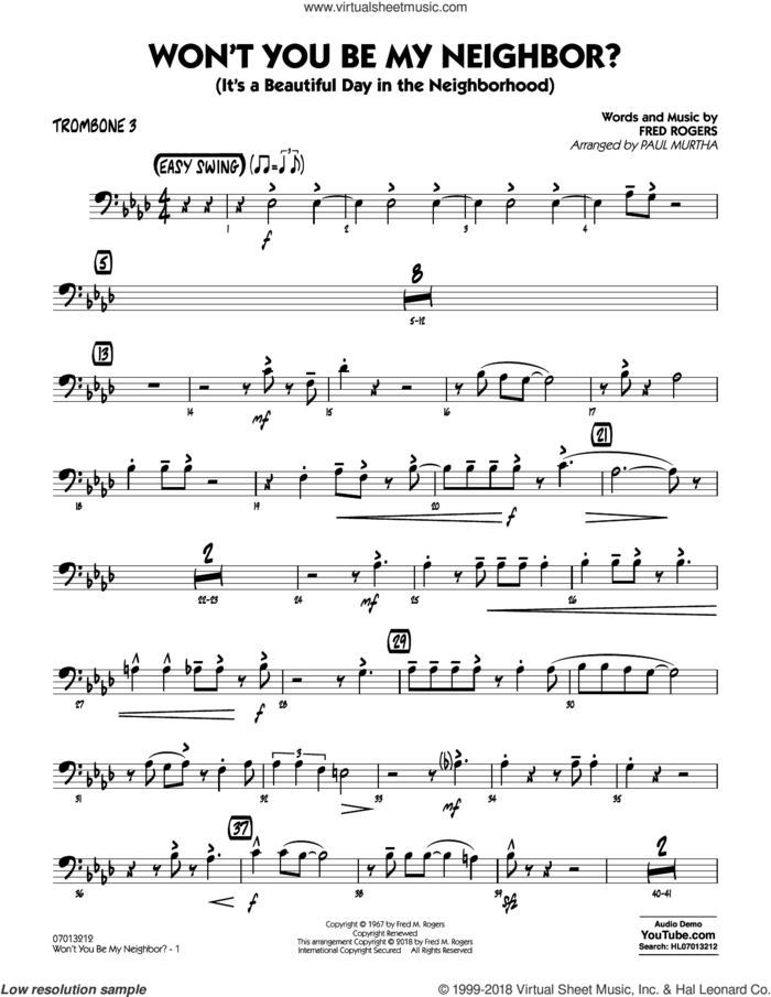 Won't You Be My Neighbor? sheet music for jazz band (trombone 3) by Fred Rogers and Paul Murtha, intermediate skill level