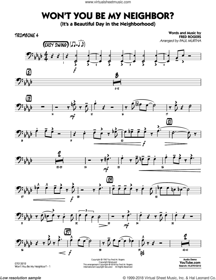 Won't You Be My Neighbor? sheet music for jazz band (trombone 4) by Fred Rogers and Paul Murtha, intermediate skill level