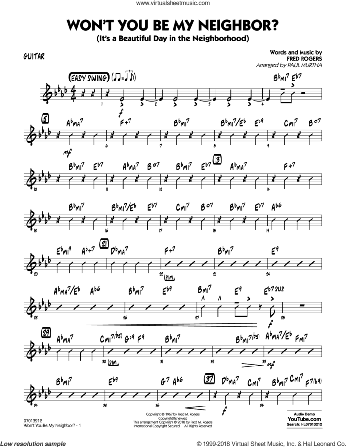 Won't You Be My Neighbor? sheet music for jazz band (guitar) by Fred Rogers and Paul Murtha, intermediate skill level
