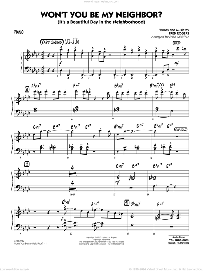 Won't You Be My Neighbor? sheet music for jazz band (piano) by Fred Rogers and Paul Murtha, intermediate skill level