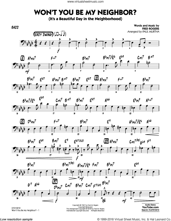Won't You Be My Neighbor? sheet music for jazz band (bass) by Fred Rogers and Paul Murtha, intermediate skill level