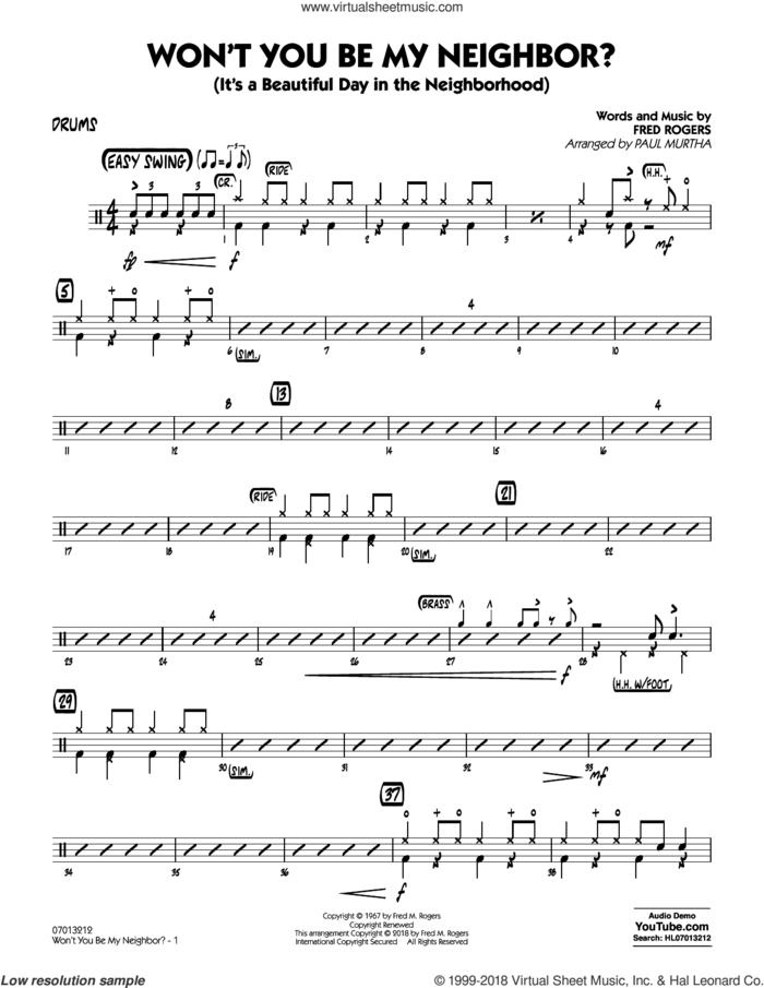 Won't You Be My Neighbor? sheet music for jazz band (drums) by Fred Rogers and Paul Murtha, intermediate skill level