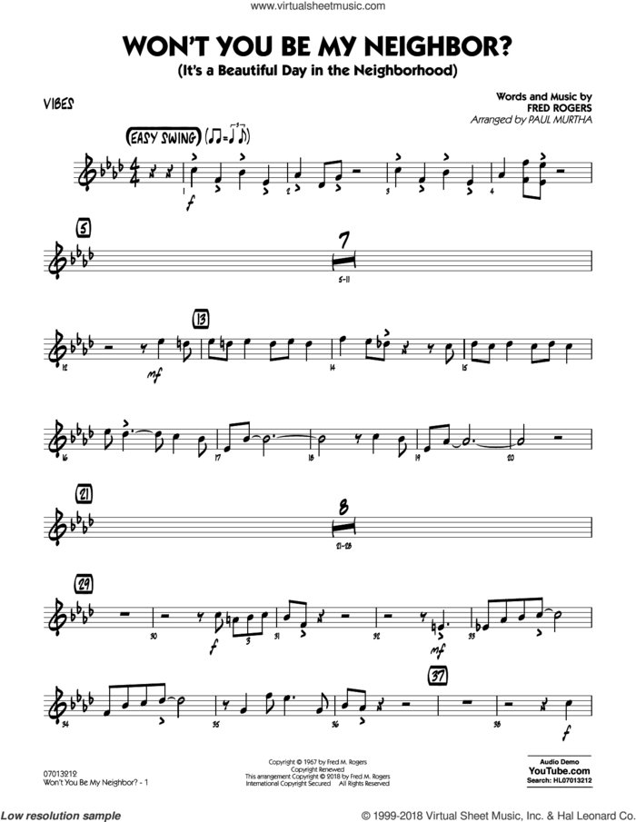 Won't You Be My Neighbor? sheet music for jazz band (vibes) by Fred Rogers and Paul Murtha, intermediate skill level