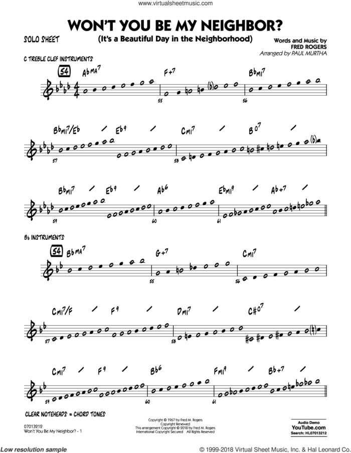 Won't You Be My Neighbor? sheet music for jazz band (solo sheet) by Fred Rogers and Paul Murtha, intermediate skill level