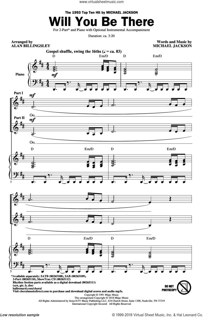 Will You Be There (arr. Alan Billingsley) sheet music for choir (2-Part) by Michael Jackson and Alan Billingsley, intermediate duet