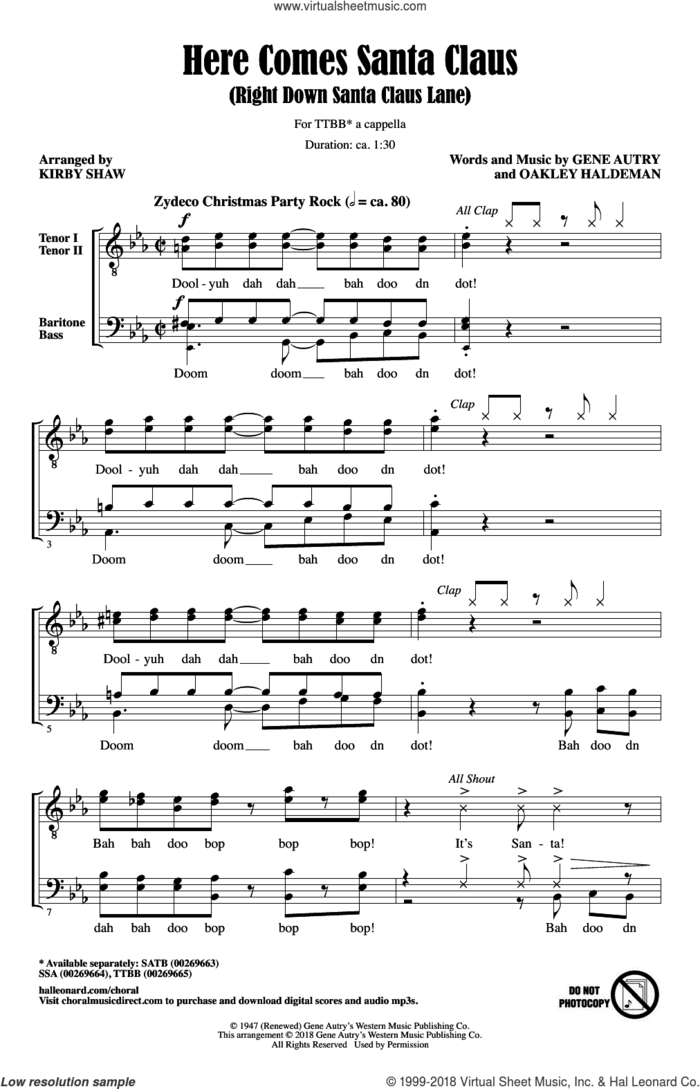 Here Comes Santa Claus (Right Down Santa Claus Lane) (Arr. Kirby Shaw) sheet music for choir (TTBB: tenor, bass) by Gene Autry, Kirby Shaw and Oakley Haldeman, intermediate skill level