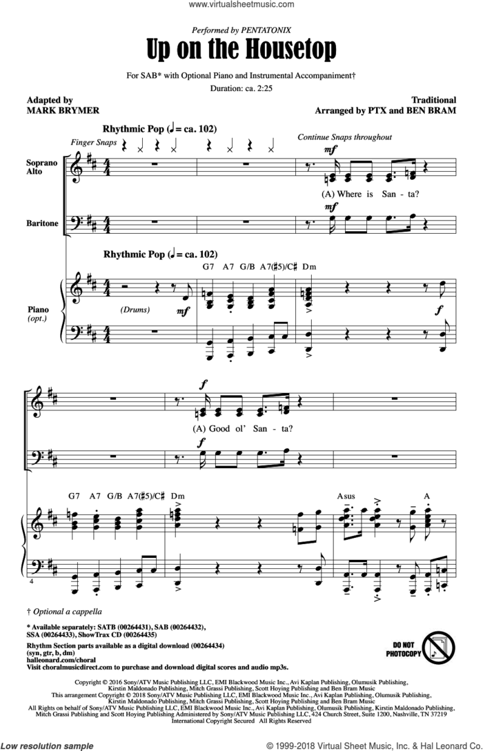 Up On The Housetop (adapt. Mark Brymer) sheet music for choir (SAB: soprano, alto, bass) by Pentatonix, Ben Bram and Mark Brymer, intermediate skill level