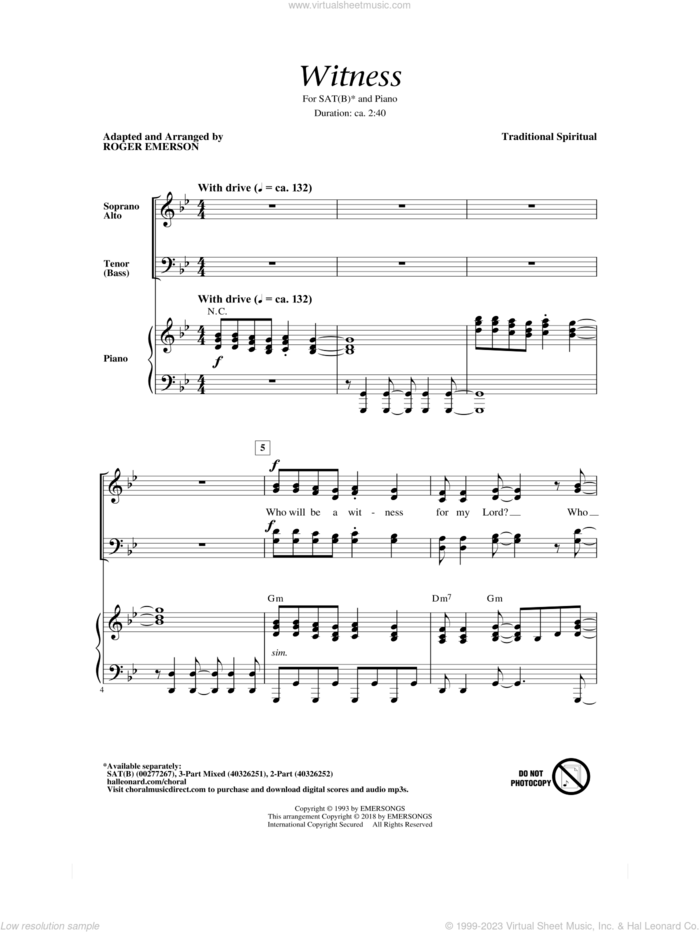 Witness (Arr. Roger Emerson) sheet music for choir (SATB: soprano, alto, tenor, bass) by Roger Emerson and Miscellaneous, intermediate skill level