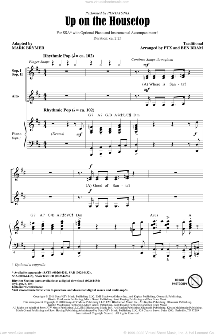 Up On The Housetop (adapt. Mark Brymer) sheet music for choir (SSA: soprano, alto) by Pentatonix, Ben Bram and Mark Brymer, intermediate skill level
