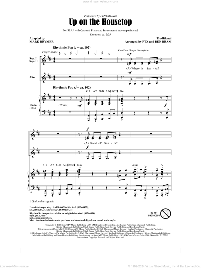 Up On The Housetop (adapt. Mark Brymer) sheet music for choir (SSA: soprano, alto) by Pentatonix, Ben Bram and Mark Brymer, intermediate skill level