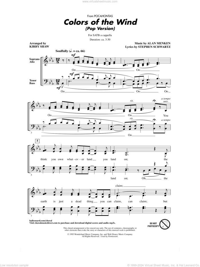 Colors Of The Wind (from Pocahontas) (arr. Kirby Shaw) sheet music for choir (SATB: soprano, alto, tenor, bass) by Vanessa Williams, Kirby Shaw, Alan Menken and Stephen Schwartz, intermediate skill level