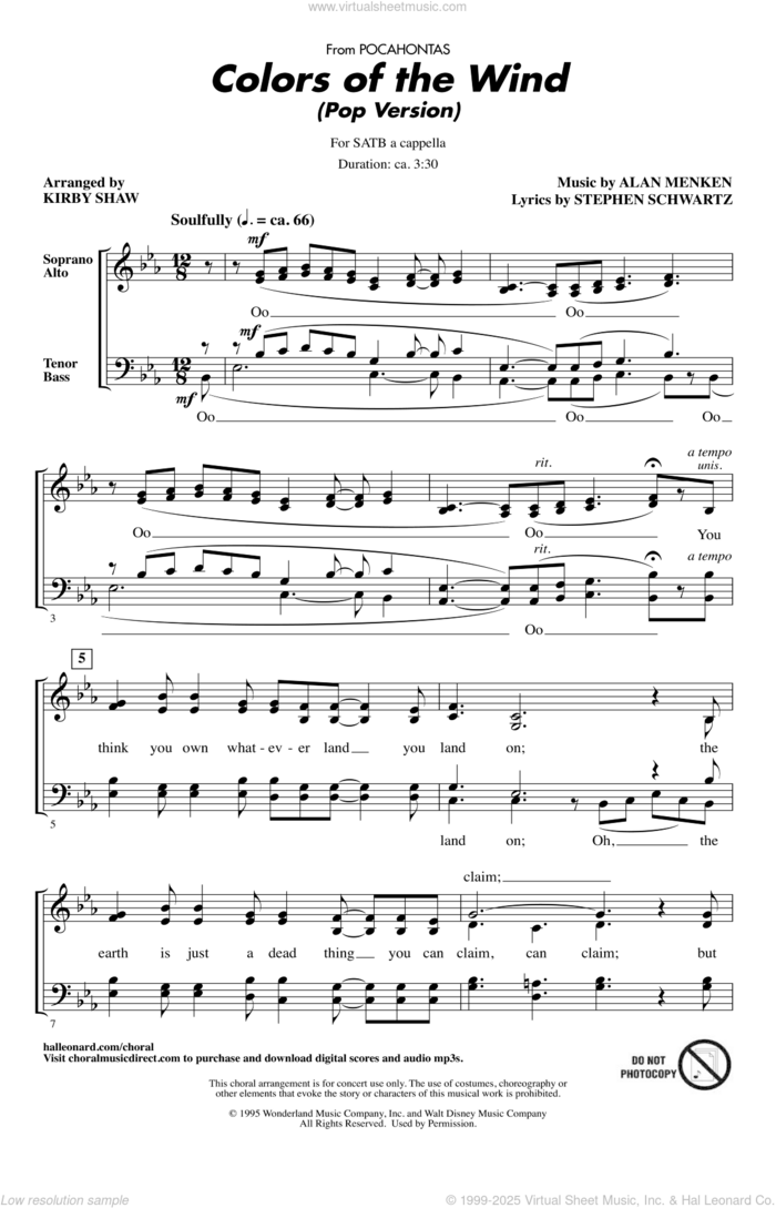 Colors Of The Wind (from Pocahontas) (arr. Kirby Shaw) sheet music for choir (SATB: soprano, alto, tenor, bass) by Vanessa Williams, Kirby Shaw, Alan Menken and Stephen Schwartz, intermediate skill level