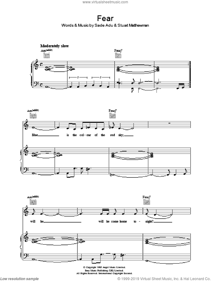 Fear sheet music for voice, piano or guitar by Sade, Helen Adu and Stuart Matthewman, intermediate skill level
