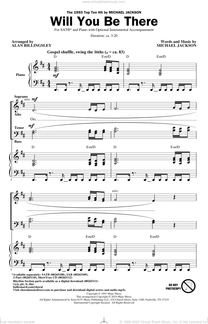 Will You Be There (arr. Alan Billingsley) sheet music for choir (SATB: soprano, alto, tenor, bass) by Michael Jackson and Alan Billingsley, intermediate skill level