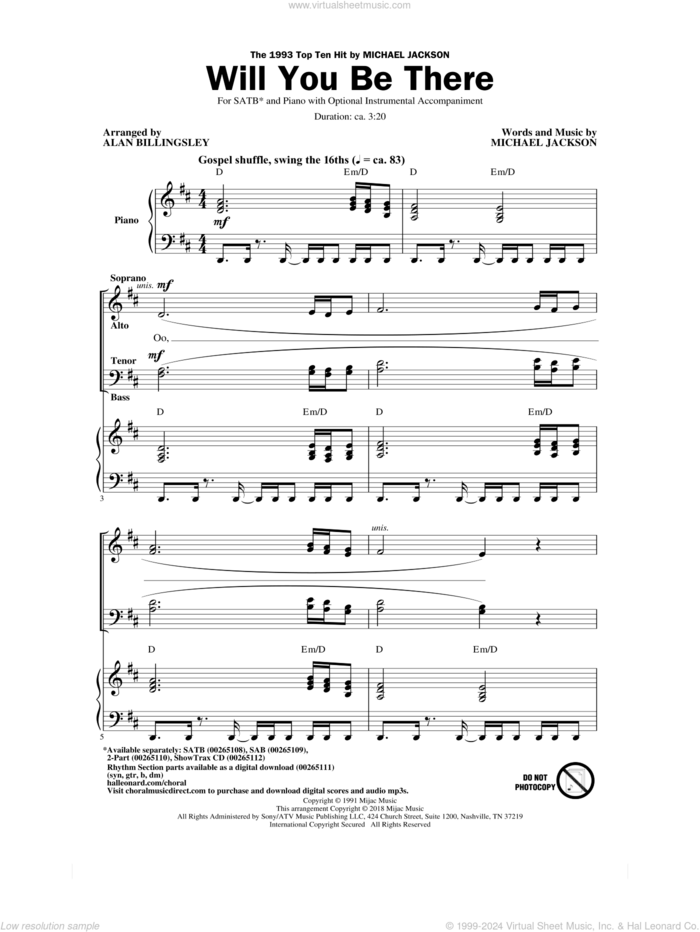 Will You Be There (arr. Alan Billingsley) sheet music for choir (SATB: soprano, alto, tenor, bass) by Michael Jackson and Alan Billingsley, intermediate skill level