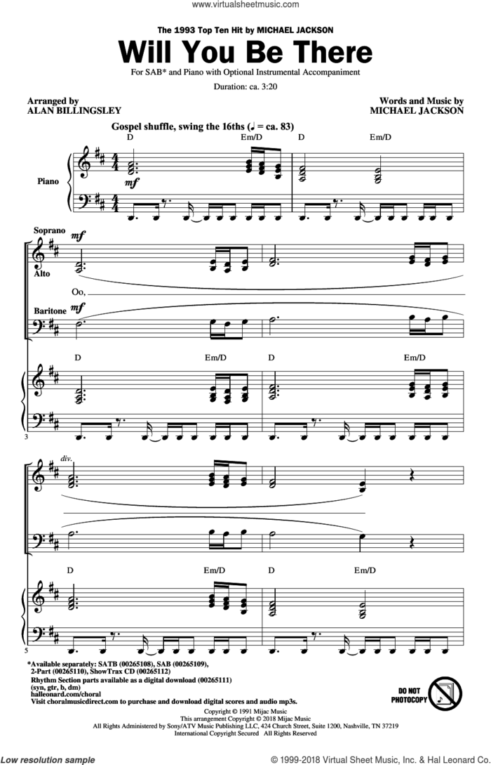 Will You Be There (arr. Alan Billingsley) sheet music for choir (SAB: soprano, alto, bass) by Michael Jackson and Alan Billingsley, intermediate skill level