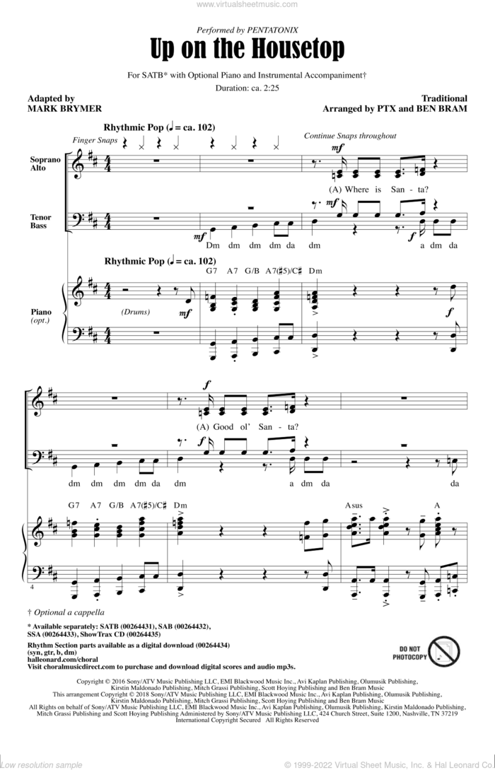 Up On The Housetop (adapt. Mark Brymer) sheet music for choir (SATB: soprano, alto, tenor, bass) by Pentatonix and Mark Brymer, intermediate skill level