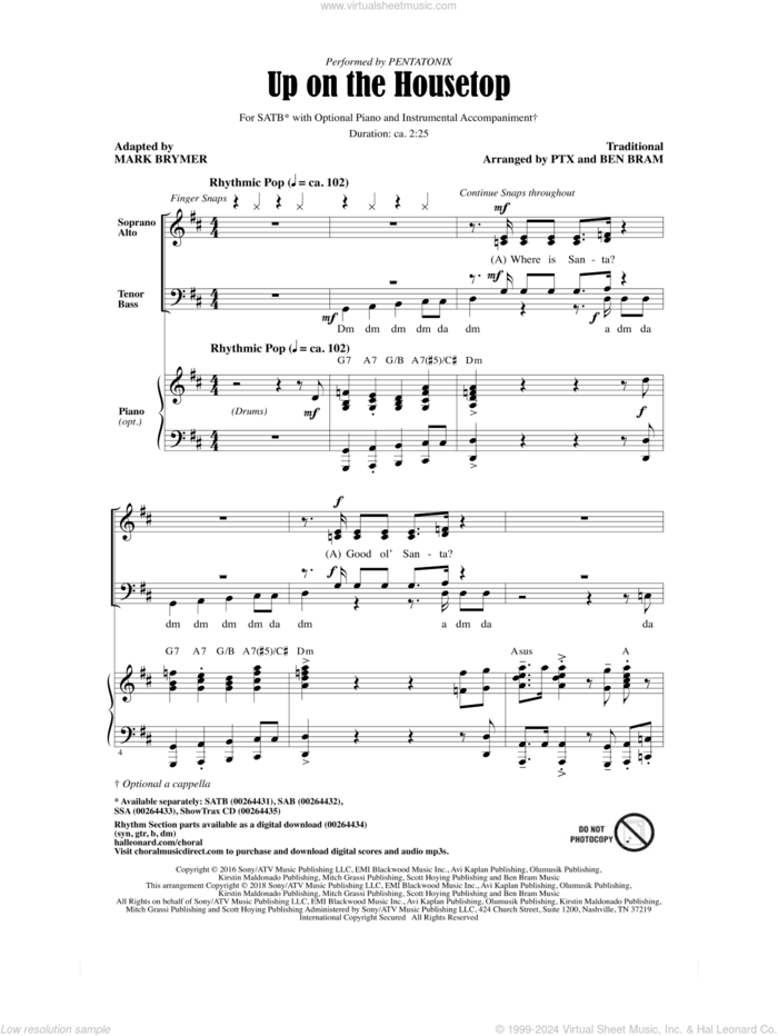 Up On The Housetop (adapt. Mark Brymer) sheet music for choir (SATB: soprano, alto, tenor, bass) by Pentatonix and Mark Brymer, intermediate skill level