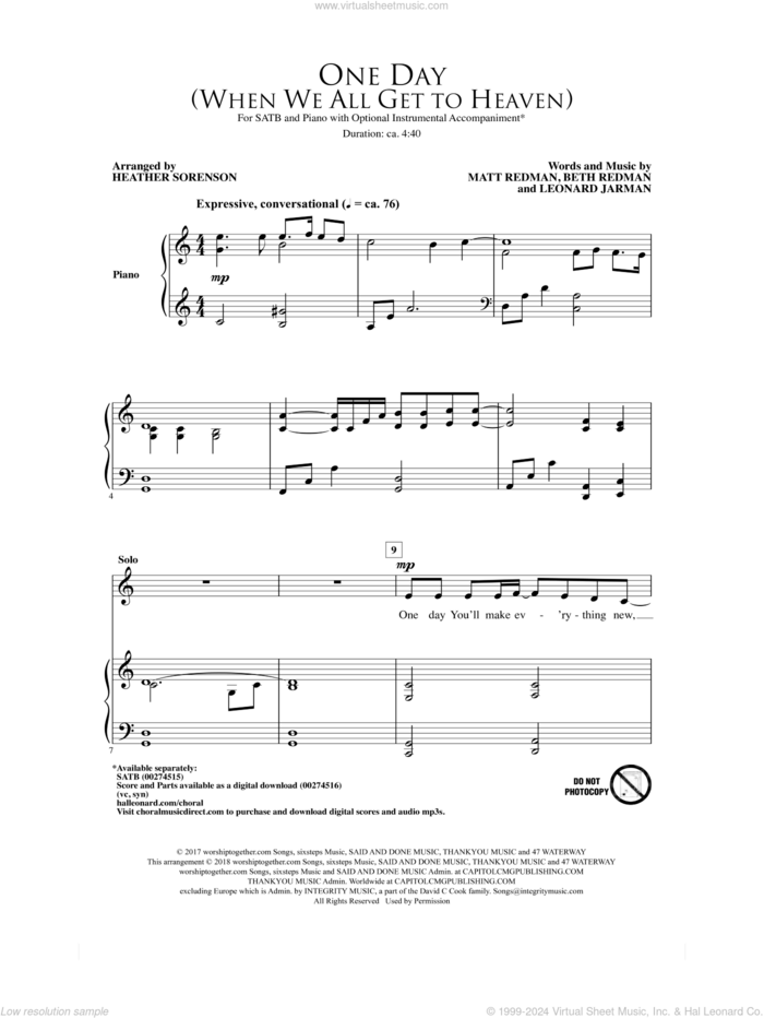 One Day (When We All Get To Heaven) (Arr. Heather Sorenson) sheet music for choir (SATB: soprano, alto, tenor, bass) by Matt Redman, Heather Sorenson, Beth Redman and Leonard Jarman, intermediate skill level