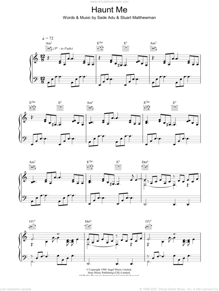 Haunt Me sheet music for voice, piano or guitar by Sade, Helen Adu and Stuart Matthewman, intermediate skill level