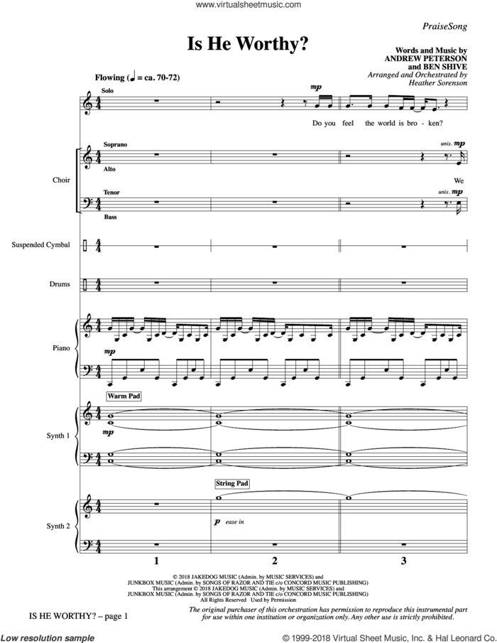 Is He Worthy? (arr. Heather Sorenson) (COMPLETE) sheet music for orchestra/band by Heather Sorenson, Andrew Peterson, Ben Shive and Chris Tomlin, intermediate skill level