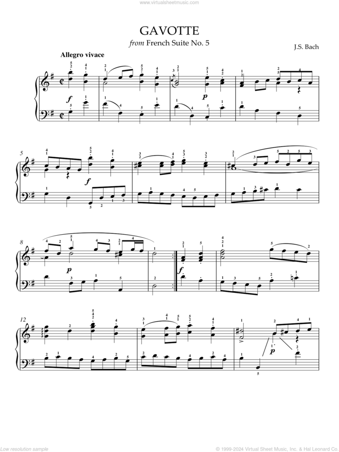 Gavotte in G Major sheet music for piano solo by Johann Sebastian Bach, intermediate skill level