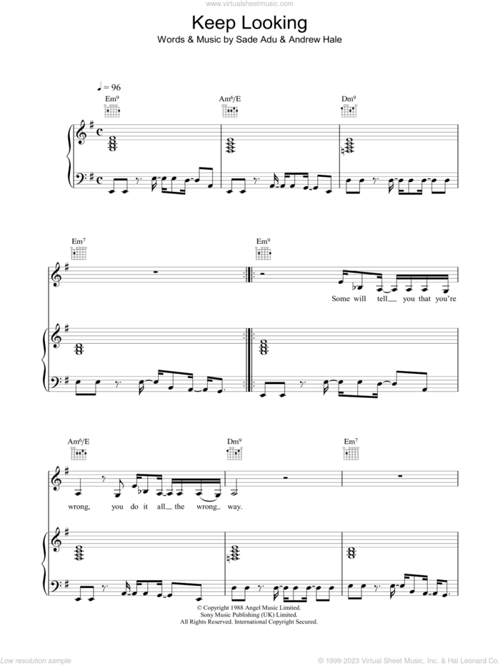 Keep Looking sheet music for voice, piano or guitar by Sade, Andrew Hale and Helen Adu, intermediate skill level